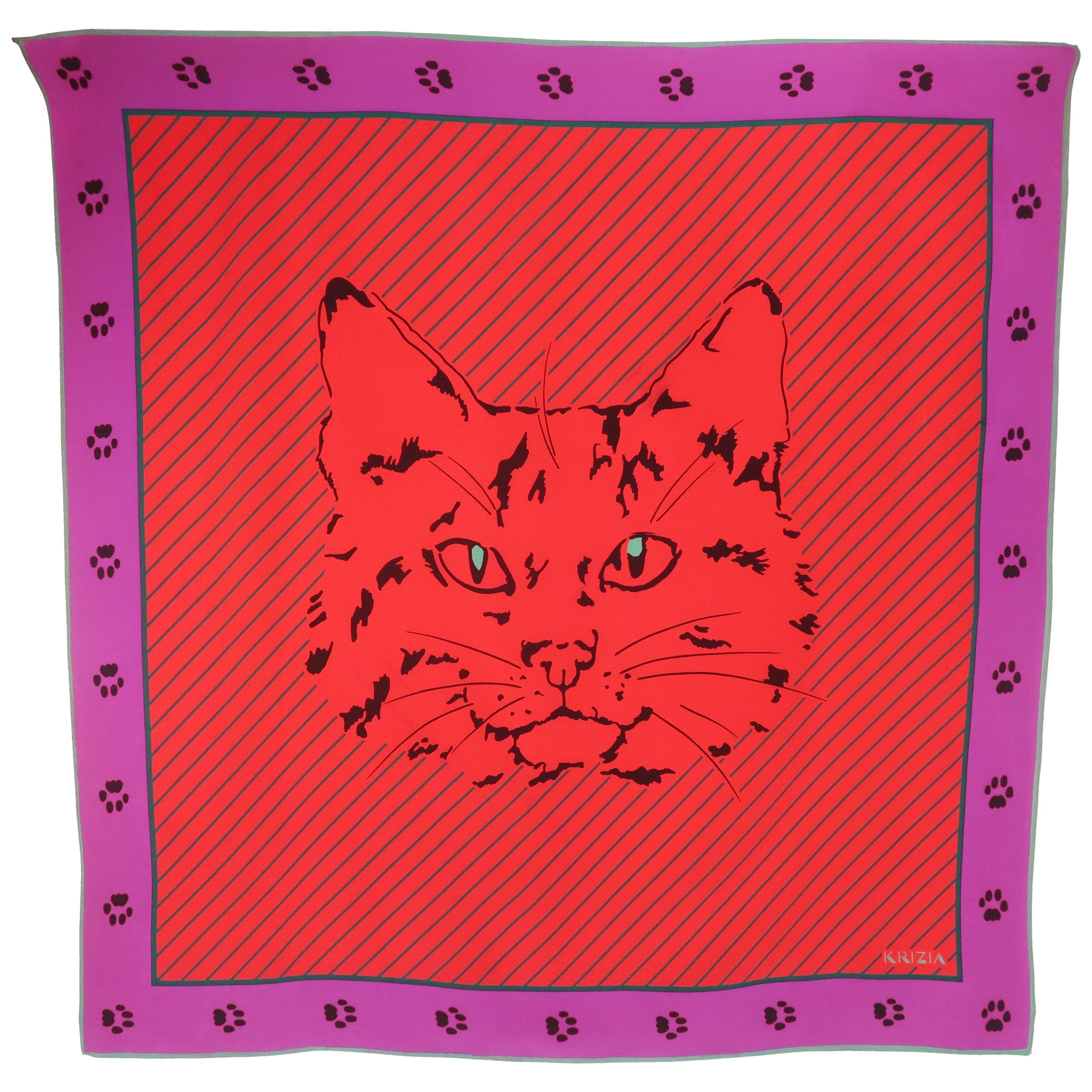 Krizia Red & Purple Silk Cat Scarf, 1980's