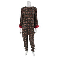 Krizia Silk Floral Print Tunic & Ankle Tie Pant Set 1980s  38