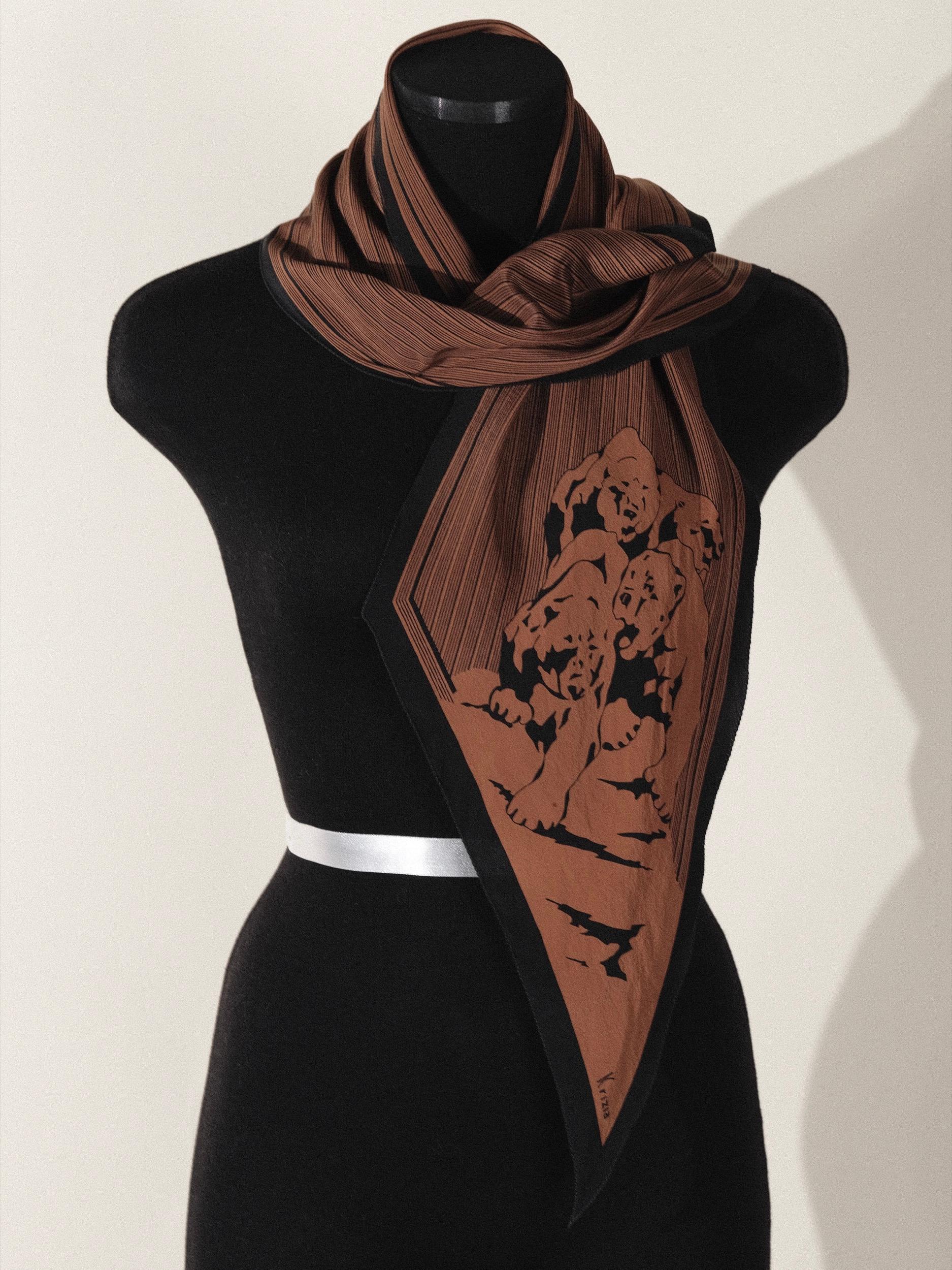1980's or 1990's Krizia Bear Motif Scarf
Long thin style
Bears and stripes in brown and blacks
65 inches in length
9.25 inches in width
Soft silk Crepe de Chine, slightly matte
Hand-rolled edge
Fabric tag removed
Small stain on bear's paw