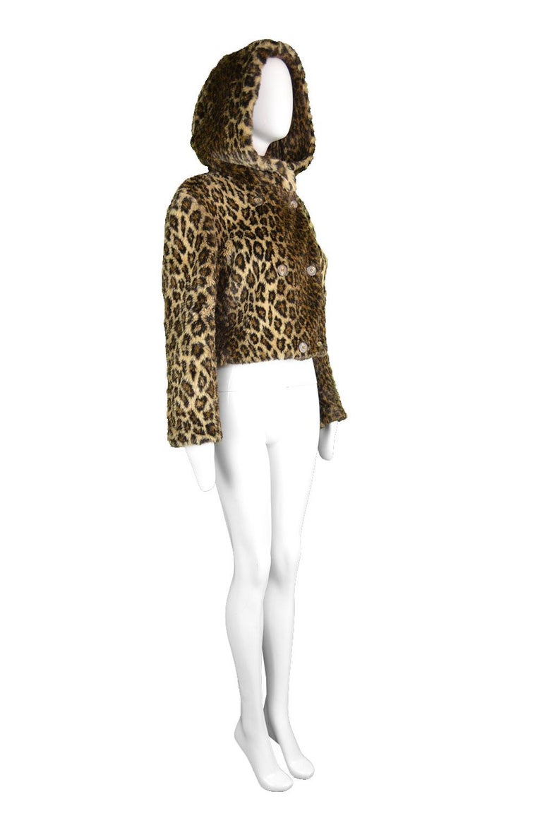 Krizia Vintage Faux Fur Leopard Animal Print Hooded Crop Coat Jacket