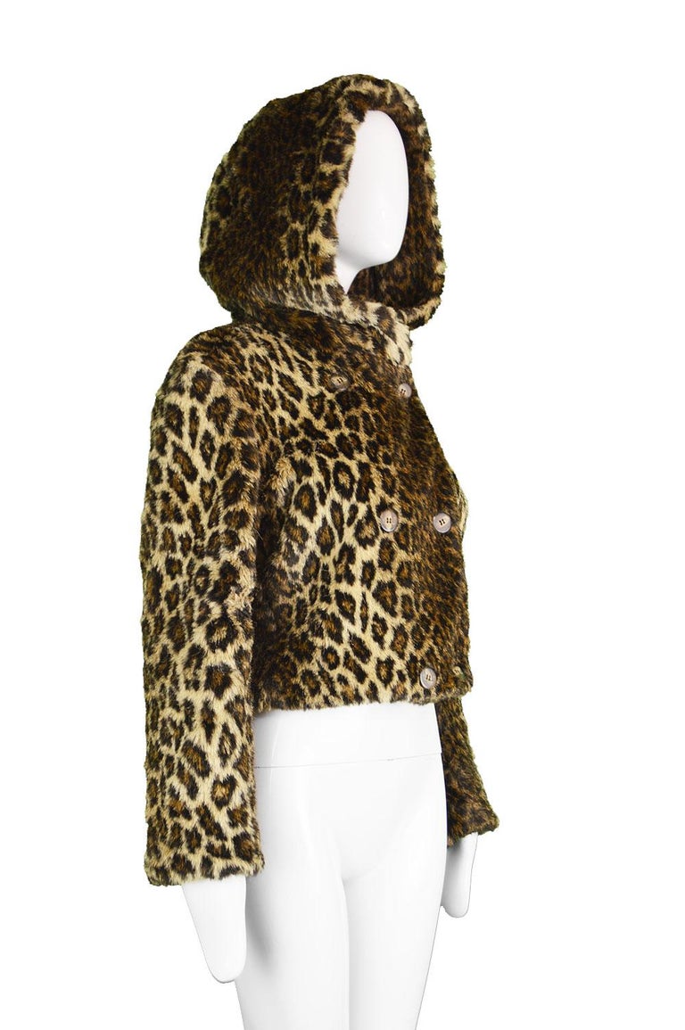 Krizia Vintage Faux Fur Leopard Animal Print Hooded Crop Coat Jacket