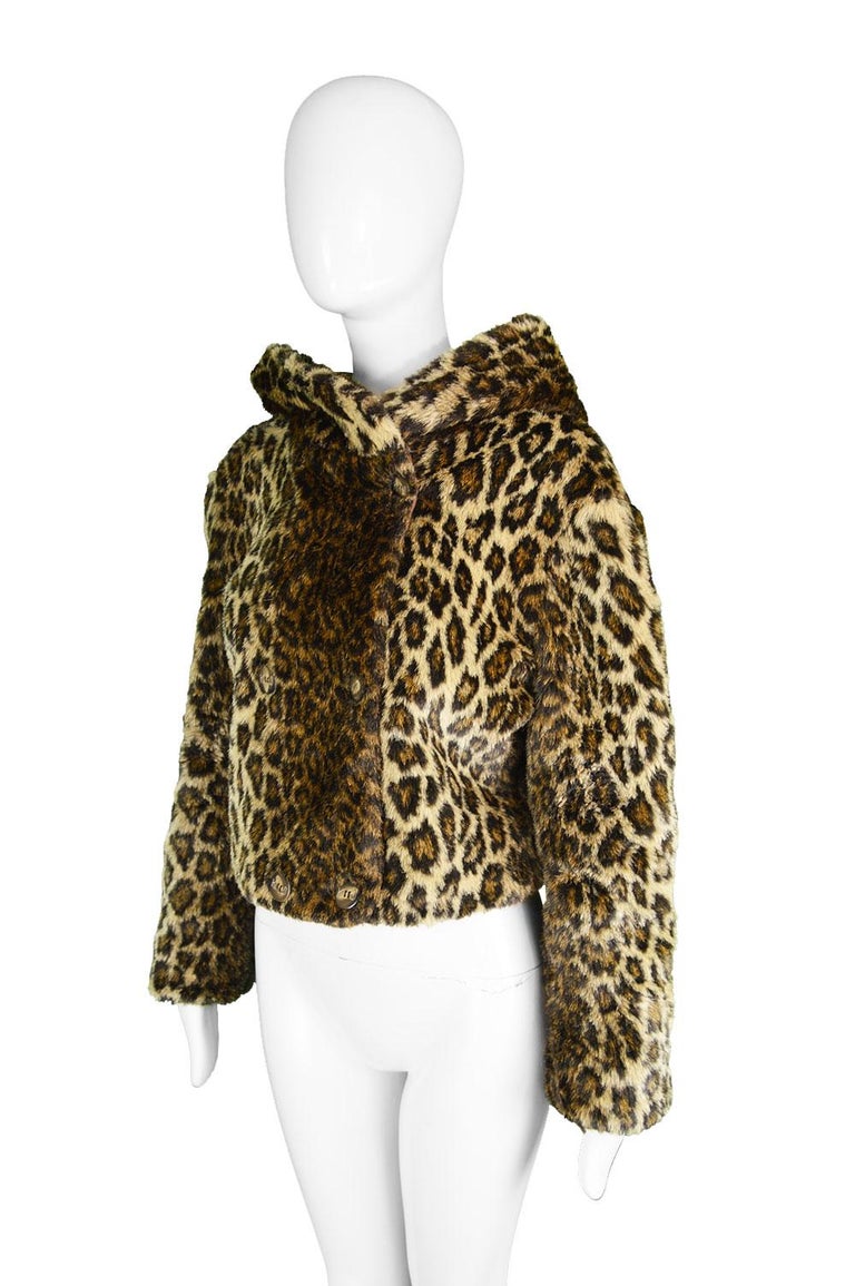 Krizia Vintage Faux Fur Leopard Animal Print Hooded Crop Coat Jacket