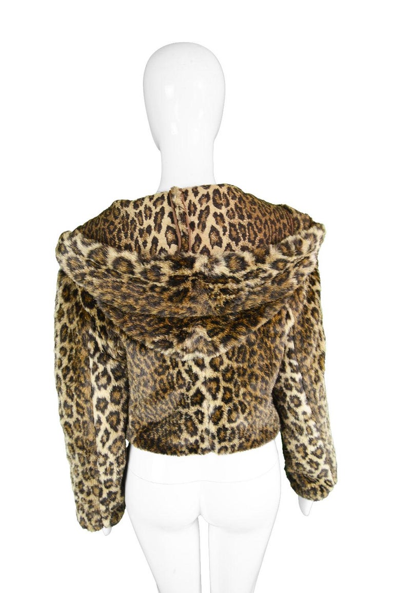 Krizia Vintage Faux Fur Leopard Animal Print Hooded Crop Coat Jacket