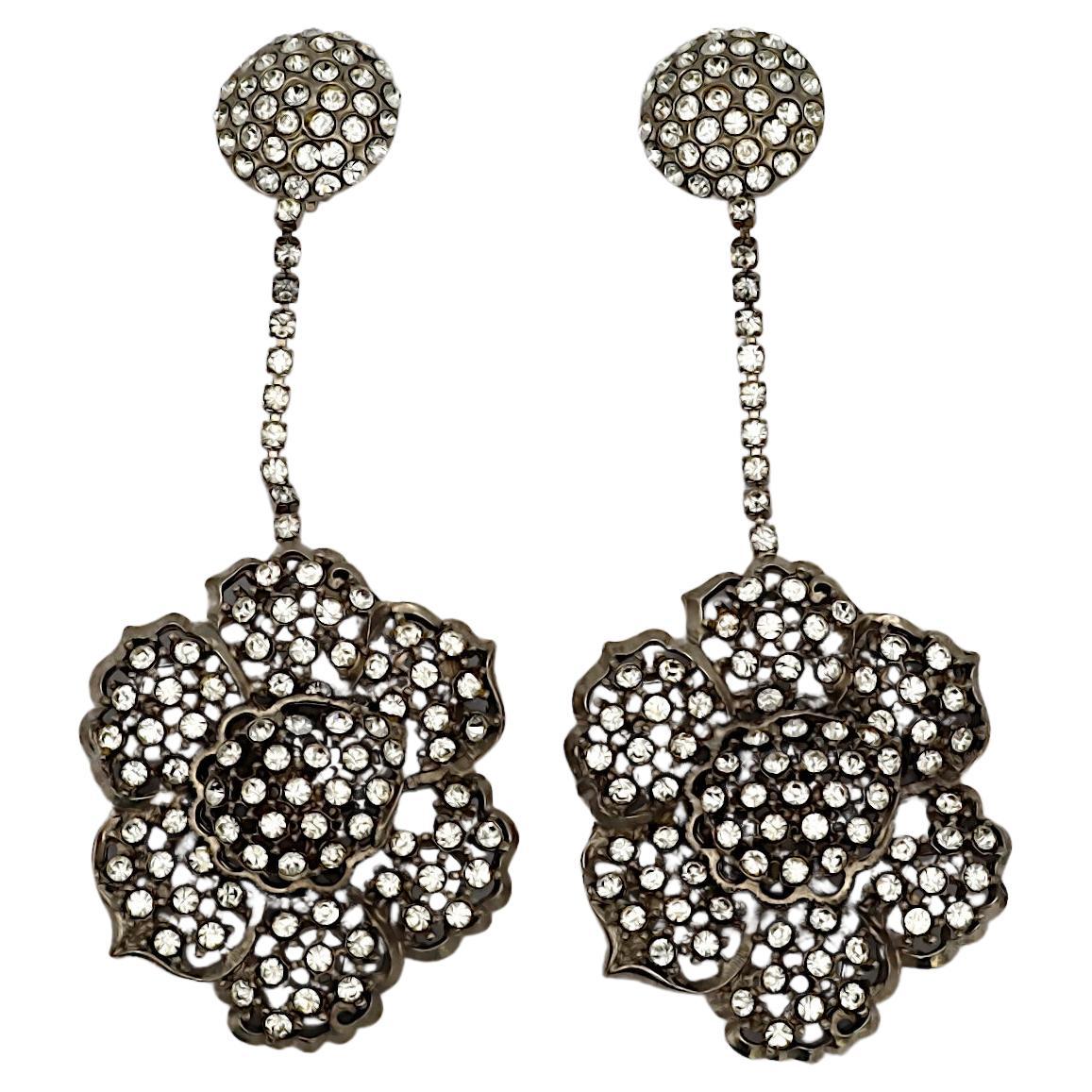 KRIZIA Vintage Massive Jewelled Camellia Dangle Earrings