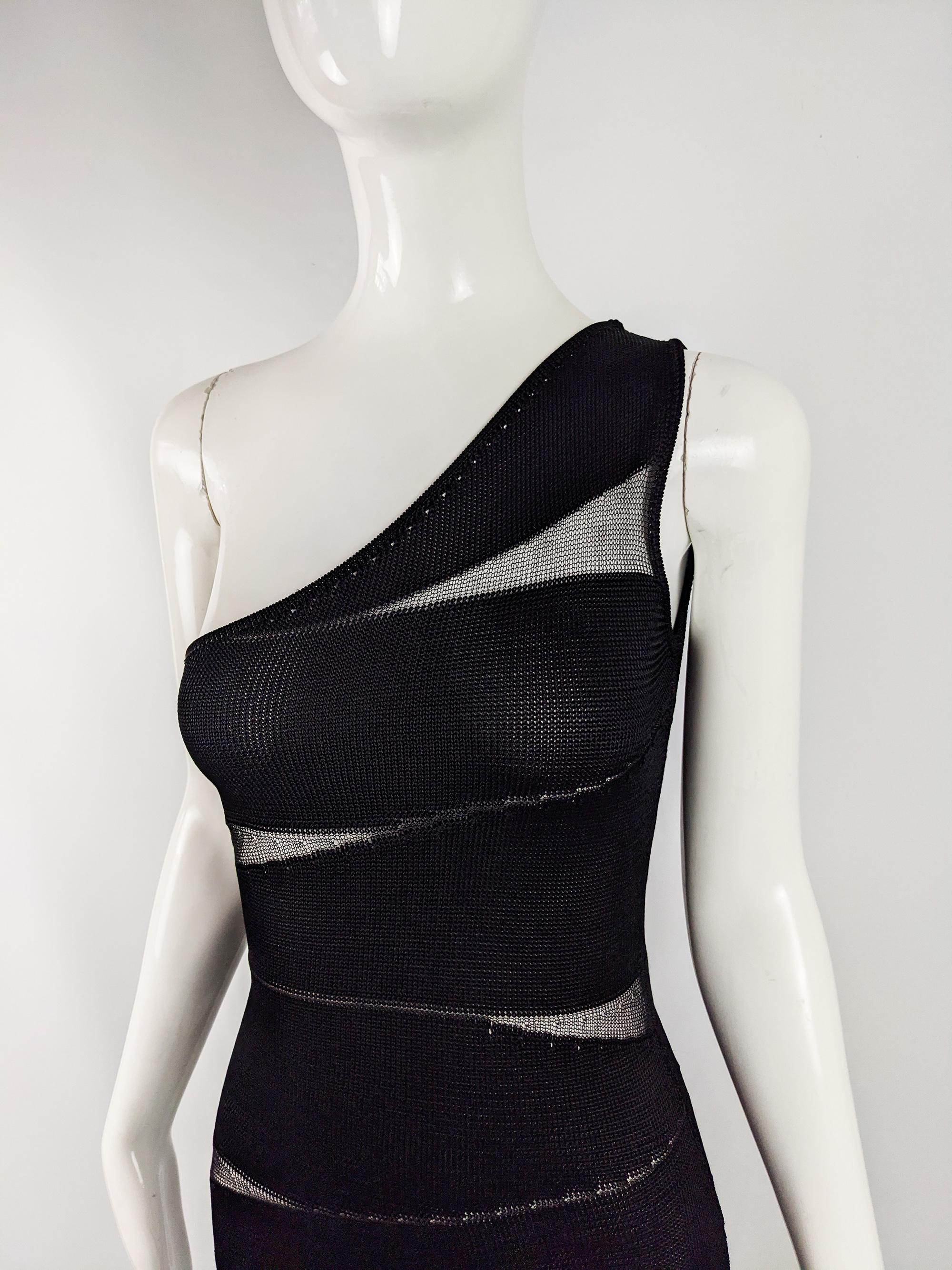Black Krizia Vintage Sexy Semi Sheer Slashed Rayon & Silk Knit Bodycon Dress