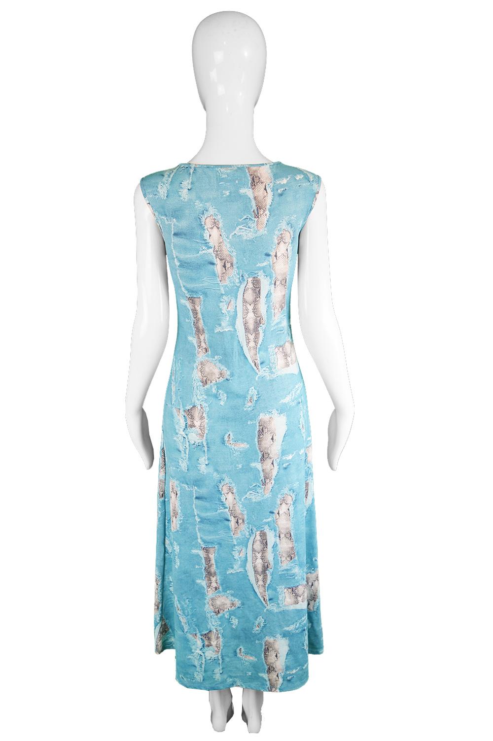 Krizia Vintage Sleeveless Blue Rip Snakeskin Print Stretch Jersey Dress, 1990s  In Excellent Condition For Sale In Doncaster, South Yorkshire