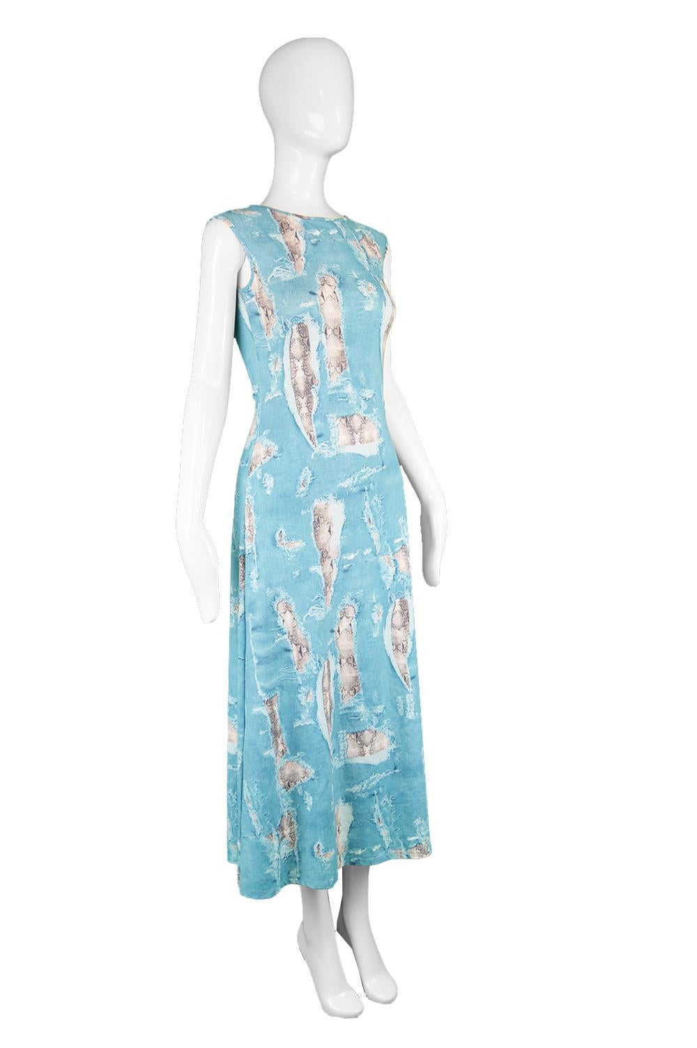 Krizia Vintage Sleeveless Blue Rip Snakeskin Print Stretch Jersey Dress, 1990s  For Sale 1