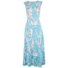 Krizia Vintage Sleeveless Blue Rip Snakeskin Print Stretch Jersey Dress, 1990s