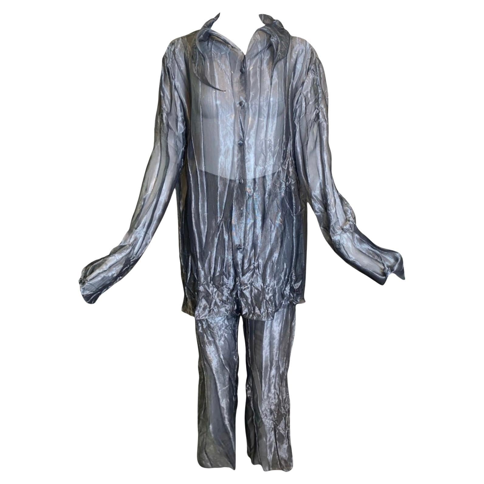 Krizia A. Silver, camicia e pantaloni stropicciati e trasparenti, nuovo/vecchio in vendita