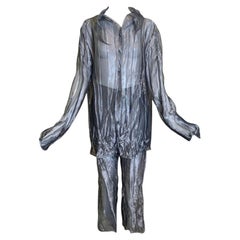 Krizia Y2K Silver Sheer Crinkled Shirt & Pants Ensemble, New/Old
