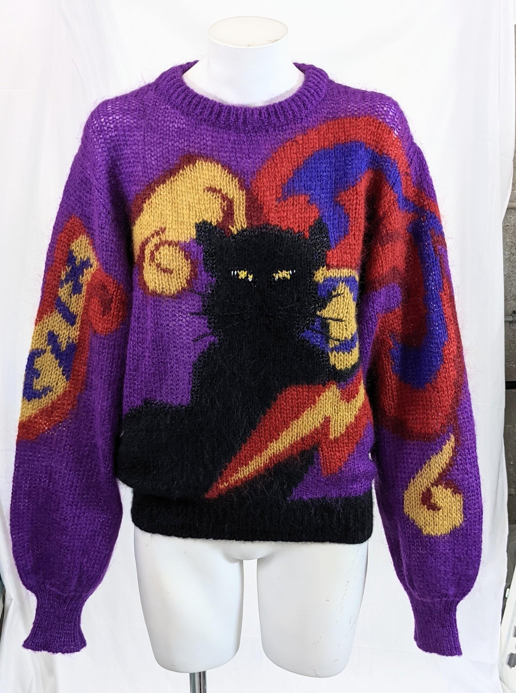 Charming and collectable Krizia Felix black cat oversized signature pullover crewneck sweater in soft knit blend. 