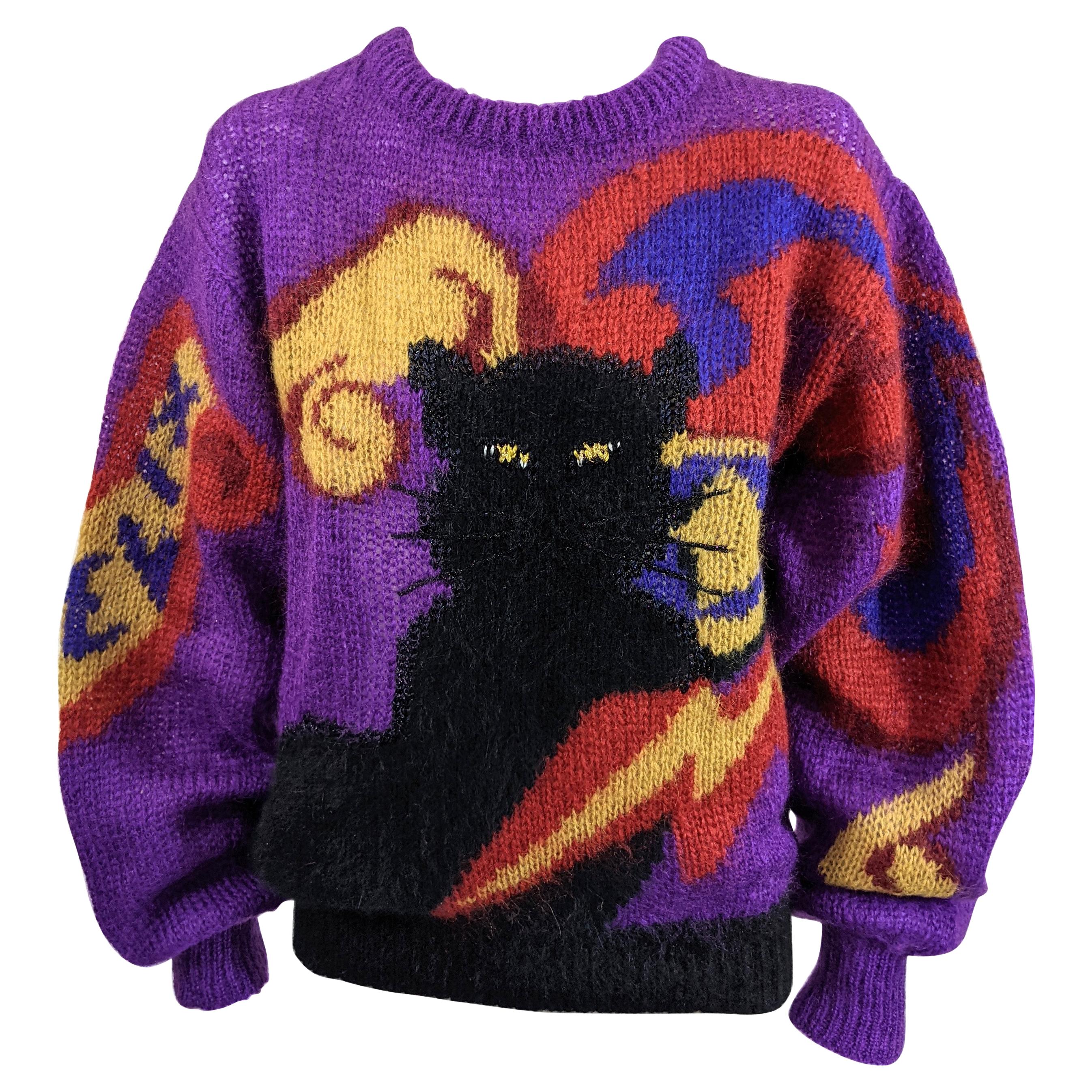 Krizia's Felix Schwarzer Pullover mit Katzenmuster im Angebot