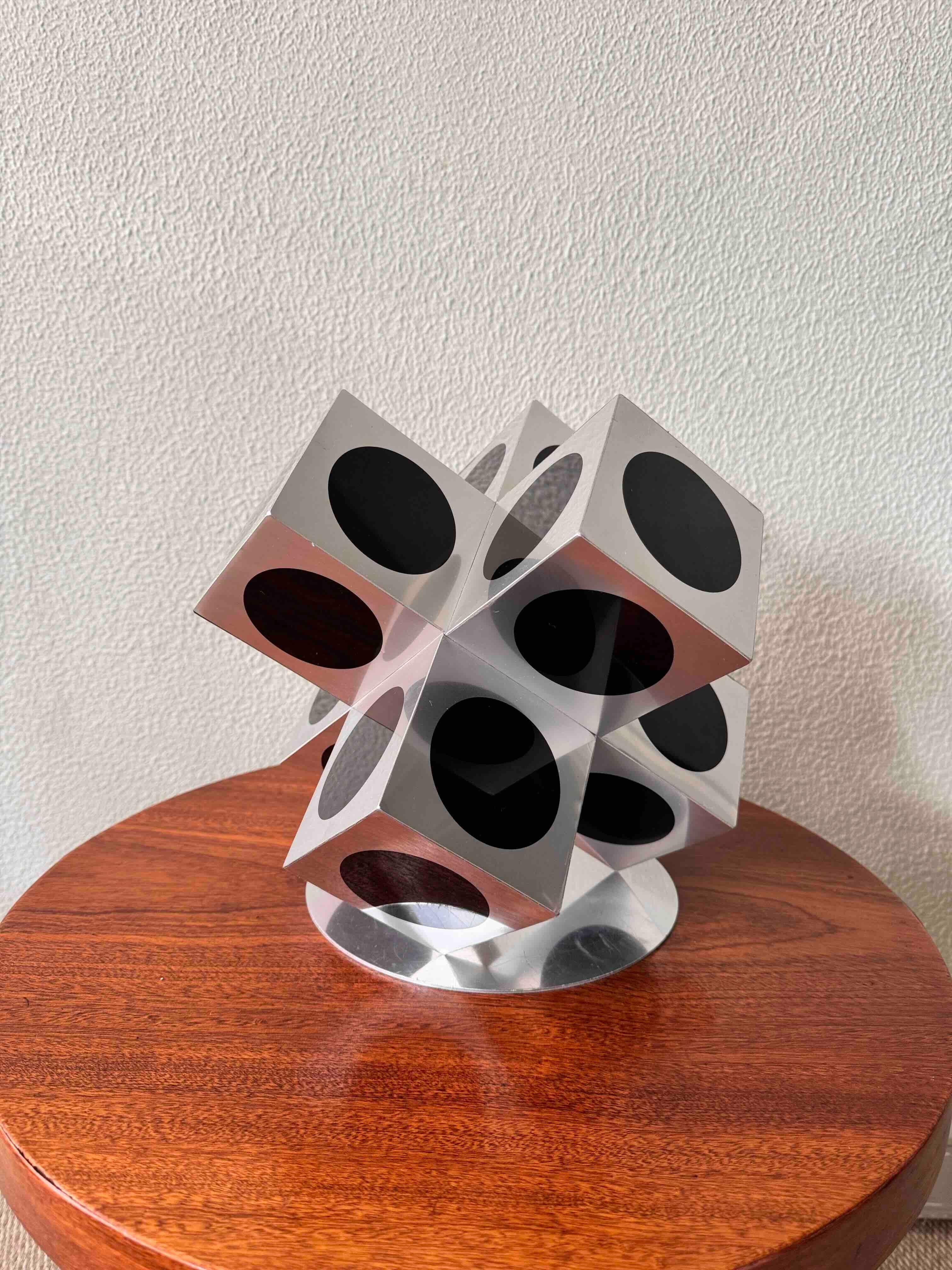 Mid-Century Modern Victor Vasarely Op Art Black Silver Aluminum Geometric Sculpture, 1960s For Sale