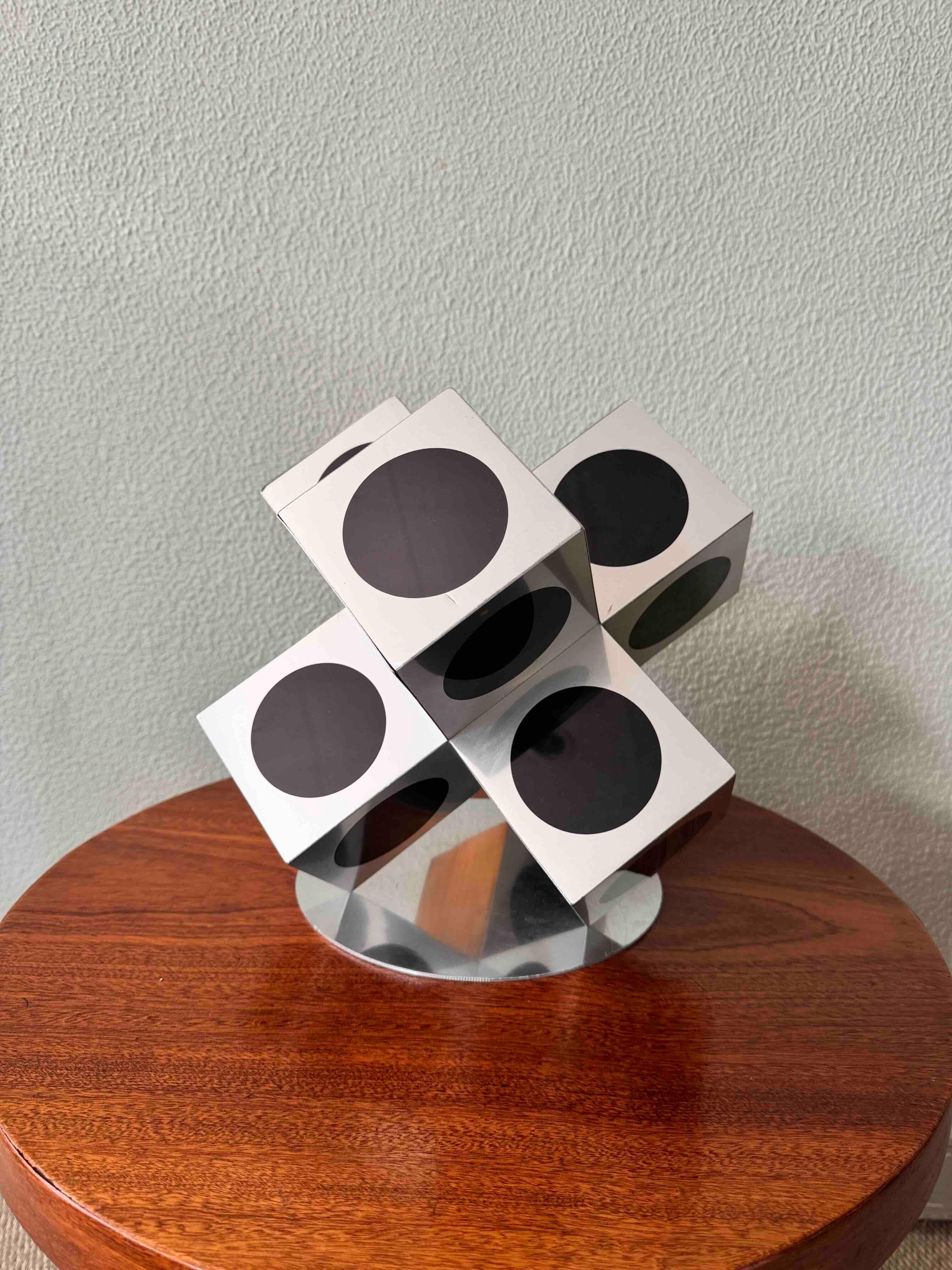 Anodized Victor Vasarely Op Art Black Silver Aluminum Geometric Sculpture, 1960s For Sale
