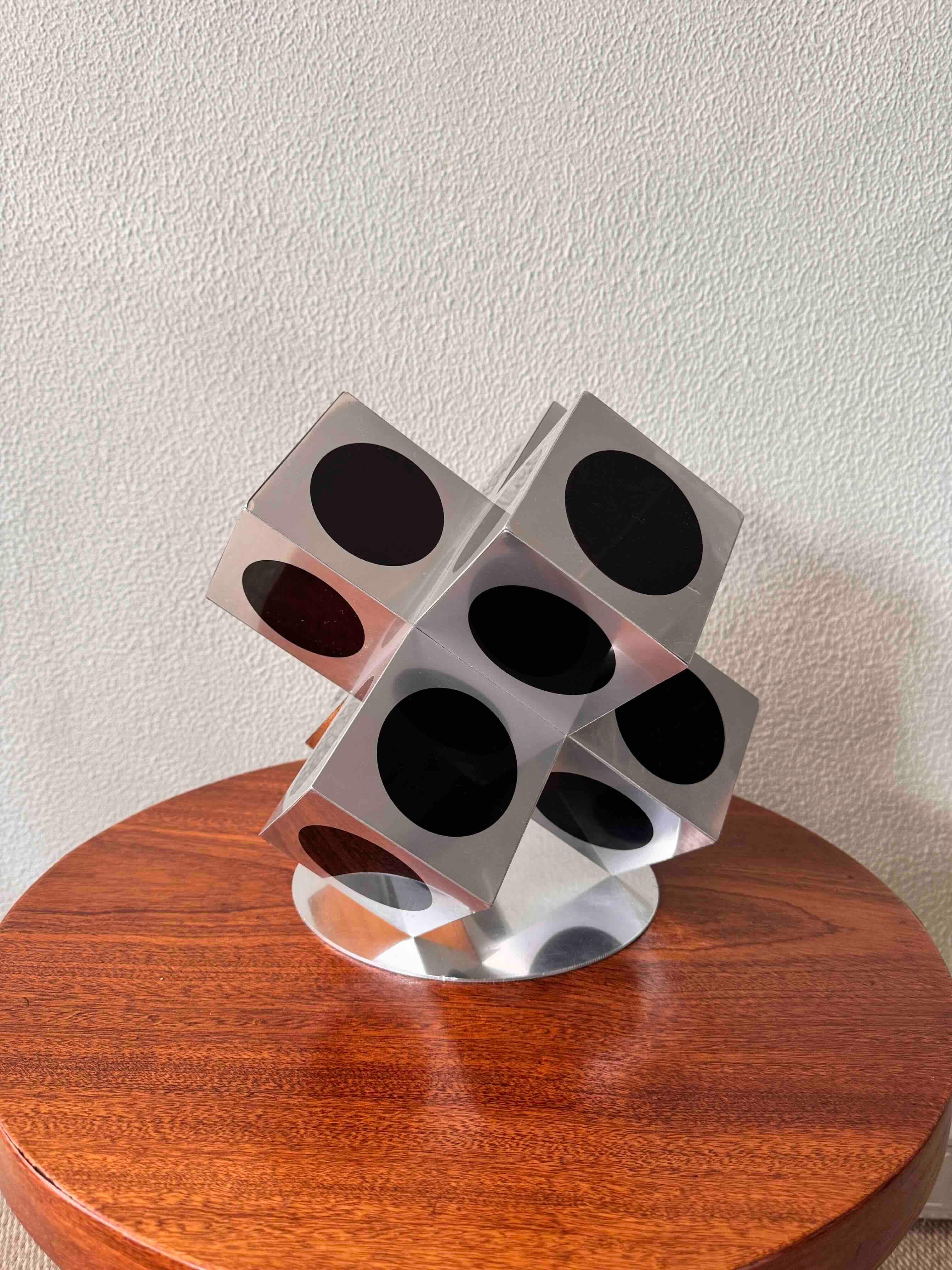 Mid-20th Century Victor Vasarely Op Art Black Silver Aluminum Geometric Sculpture, 1960s For Sale