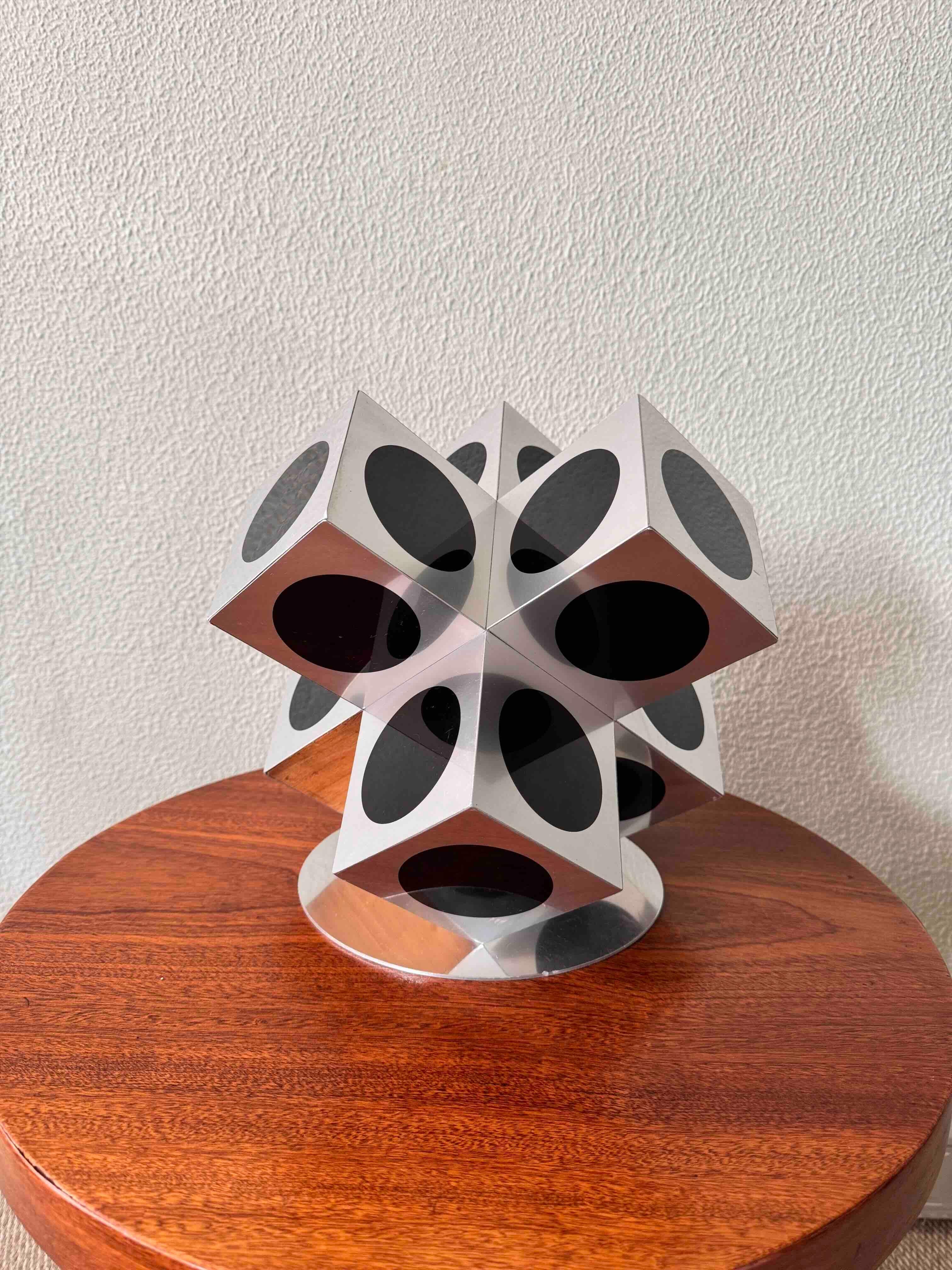 Victor Vasarely Op Art Black Silver Aluminum Geometric Sculpture, 1960s For Sale 1