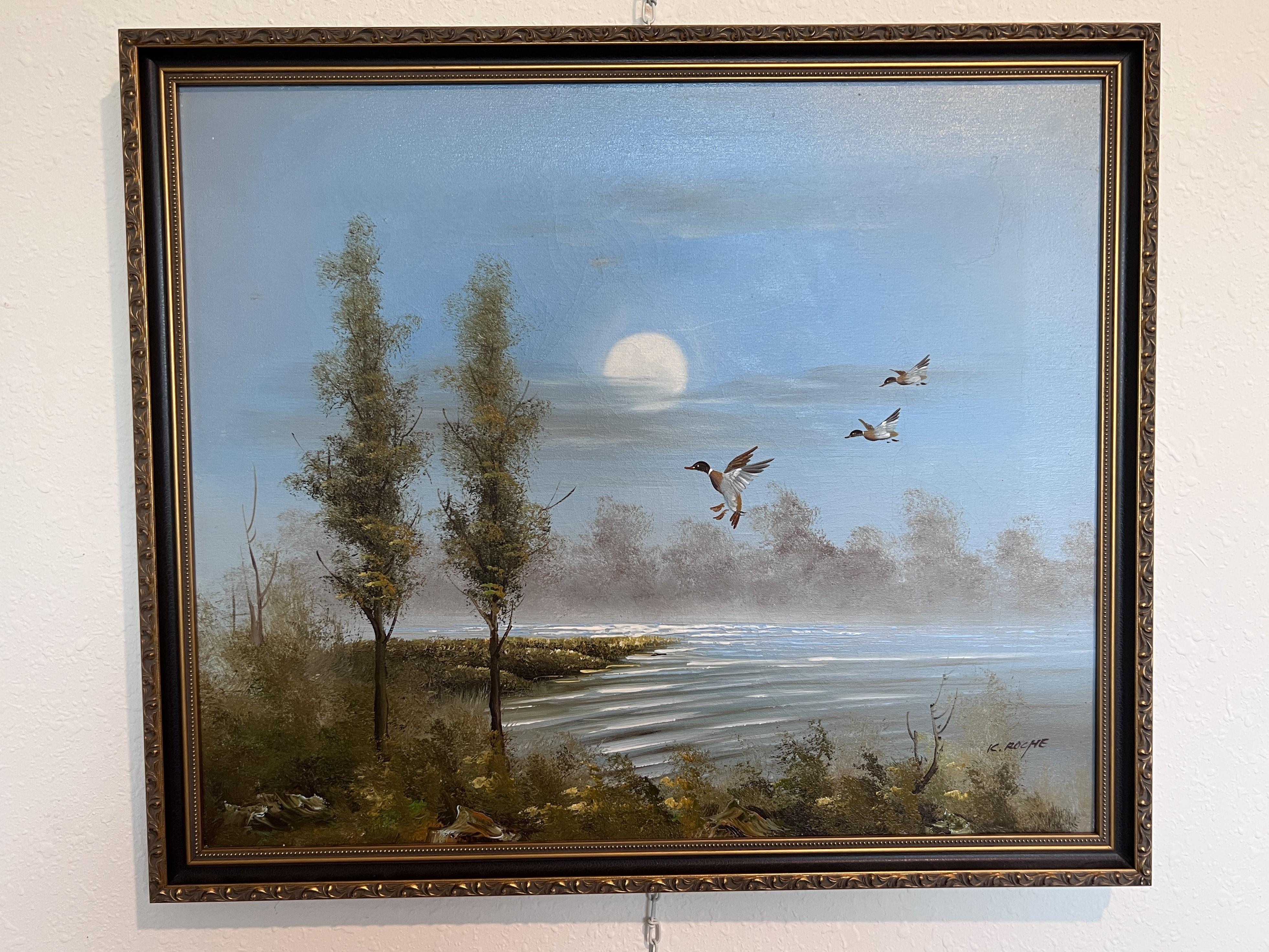 K.Roche Original Signed Oil Painting on Canvas Landscape, Ducks, Framed For Sale 1