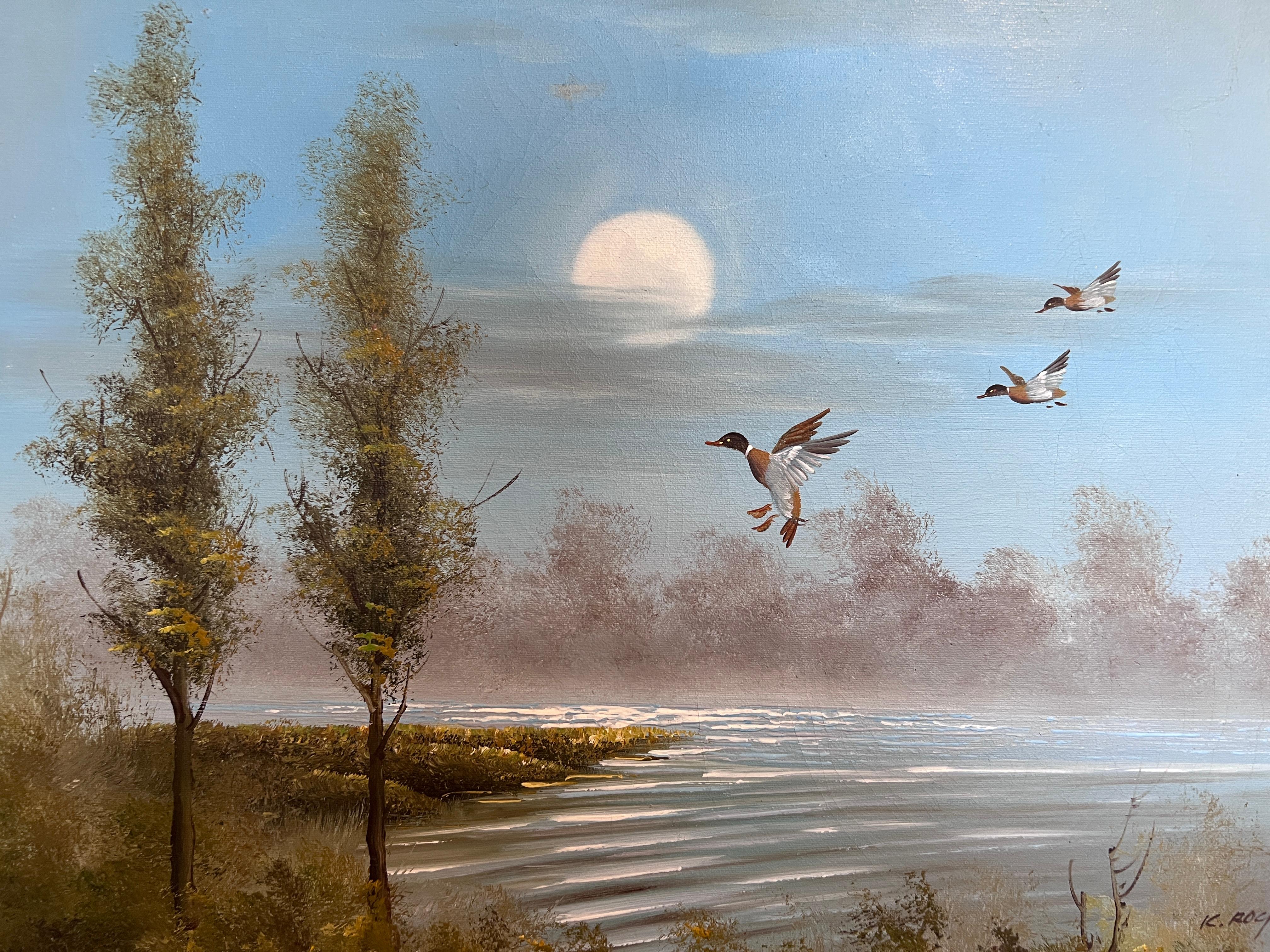 K.Roche Original Signed Oil Painting on Canvas Landscape, Ducks, Framed For Sale 2