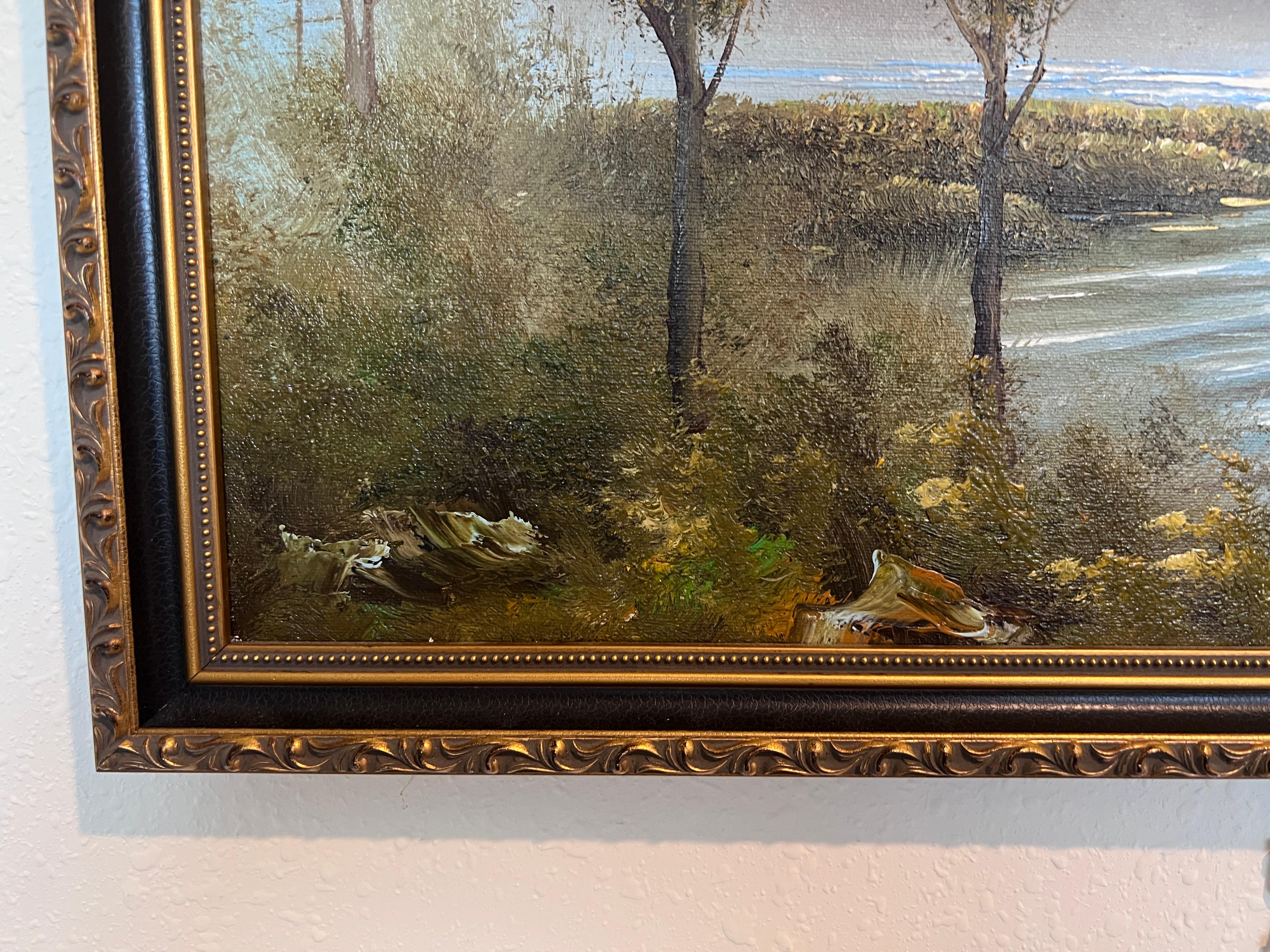 K.Roche Original Signed Oil Painting on Canvas Landscape, Ducks, Framed For Sale 3