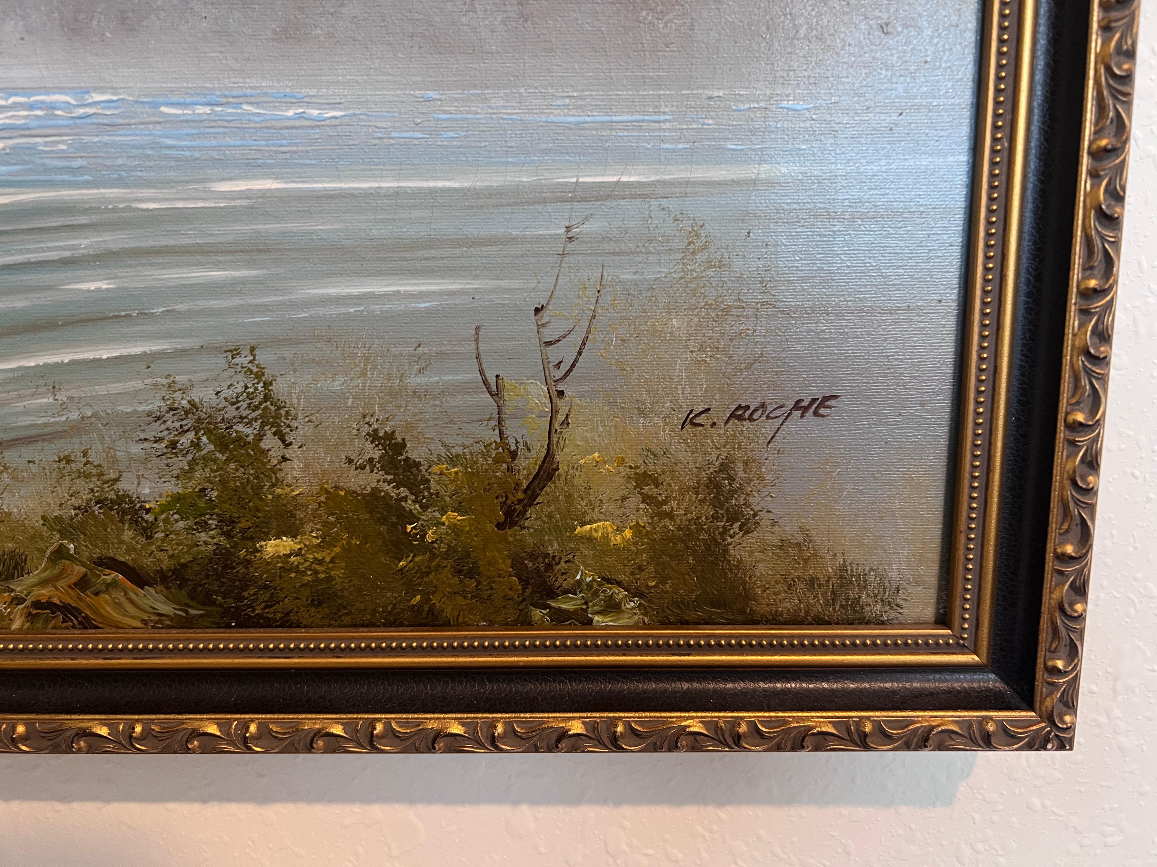 K.Roche Original Signed Oil Painting on Canvas Landscape, Ducks, Framed For Sale 6
