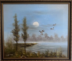 K.Roche Original signiertes Ölgemälde auf Leinwand Landschaft, Enten, gerahmt