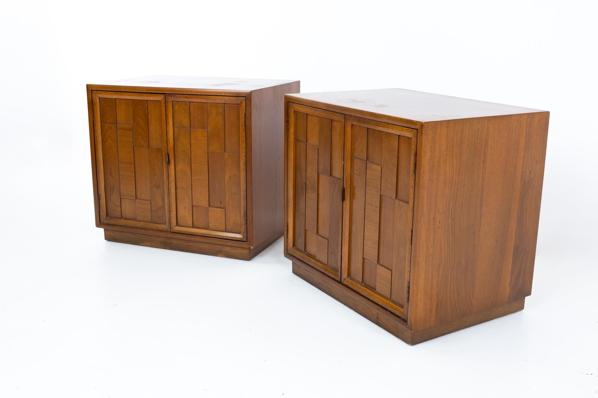 Kroehler Brutalist mid century walnut patchwork nightstands - pair
Each nightstand measures: 24.5 wide x 17 deep x 22 inches high

All pieces of furniture can be had in what we call restored vintage condition. That means the piece is restored