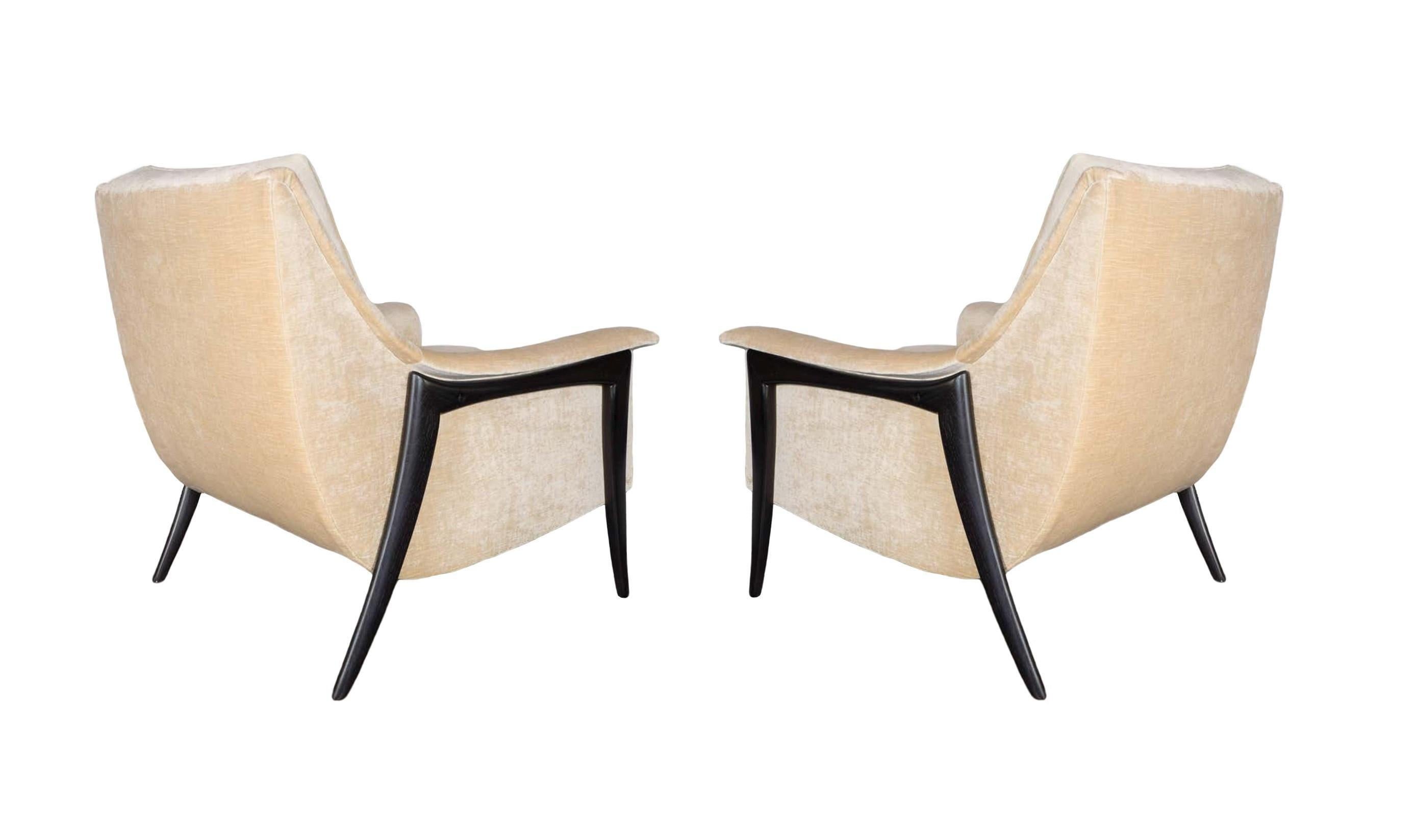 Ebonized Kroehler Clean Modernist Sculptural Form Chairs, Restored, Pair