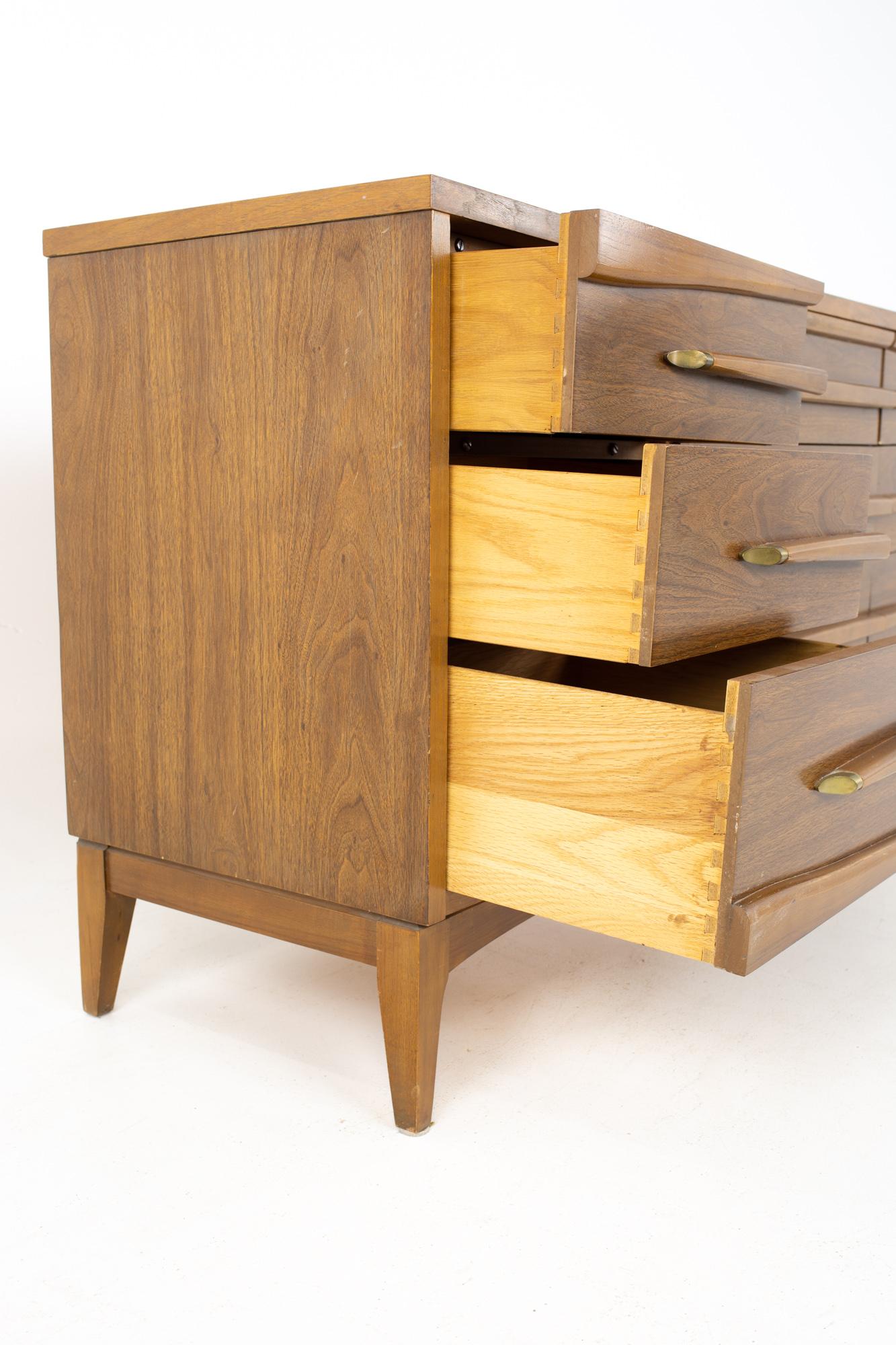 American Kroehler Furniture Mid Century Walnut and Brass 9 Drawer Lowboy Dresser