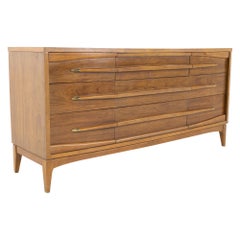 Vintage Kroehler Furniture Mid Century Walnut and Brass 9 Drawer Lowboy Dresser
