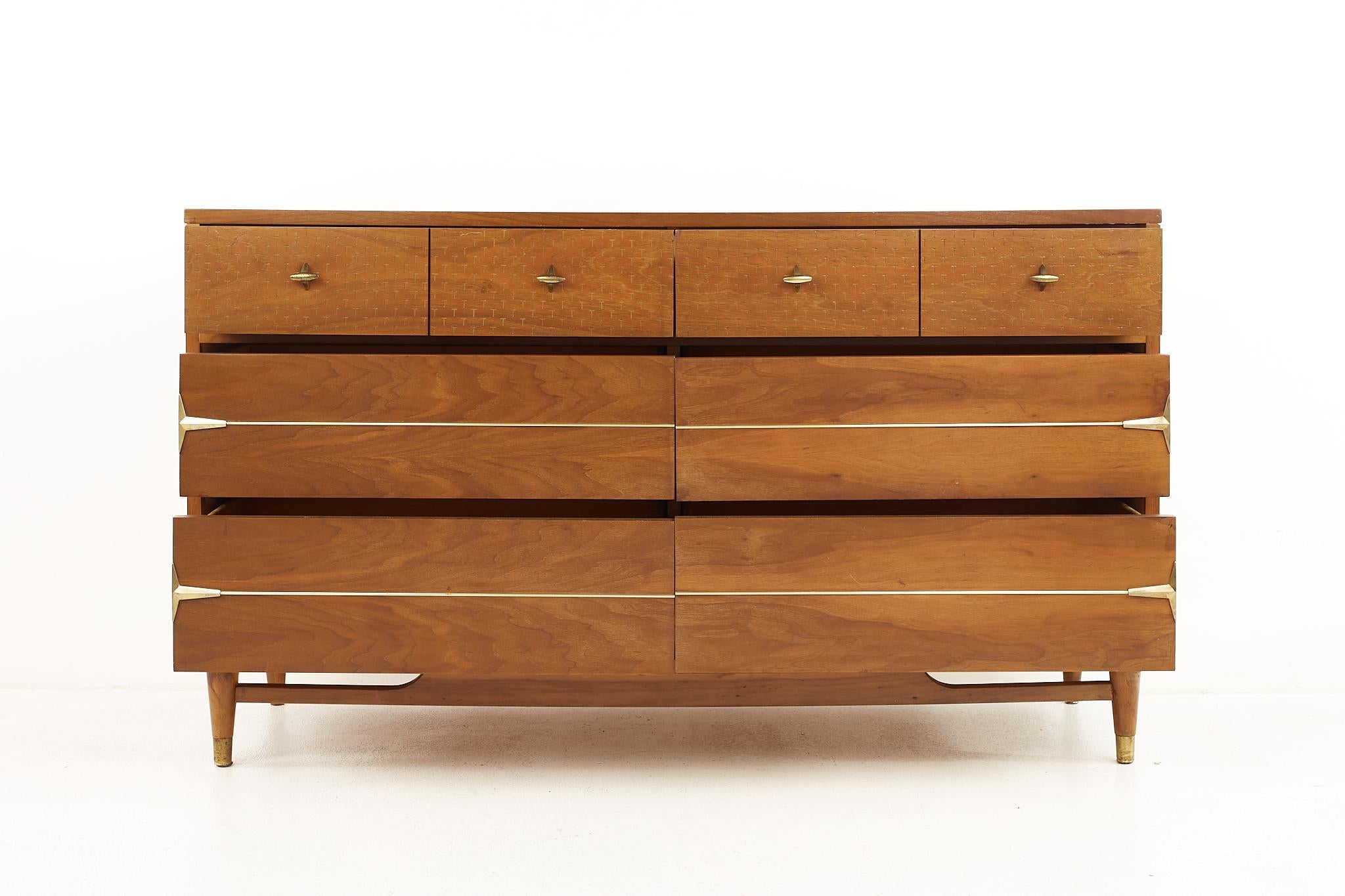 American Kroehler Impression Mid Century Walnut and Brass 6 Drawer Lowboy Dresser