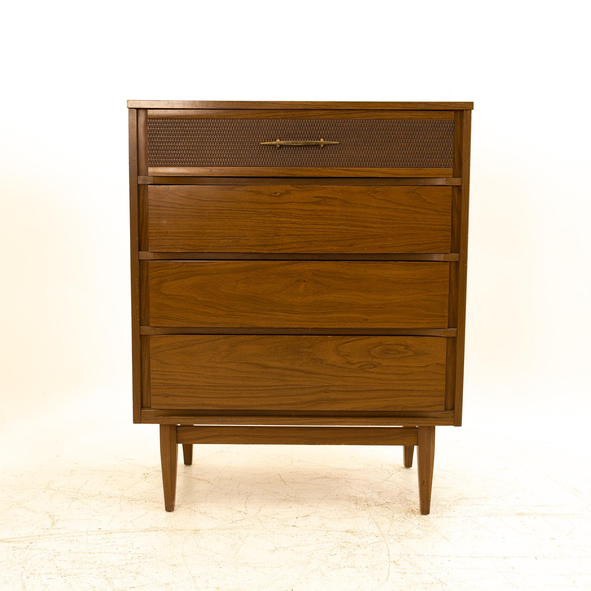 Kroehler Mid Century Walnut 4 Drawer Highboy Dresser
Highboy measures: 33.5 wide x 18 deep x 42 high

All pieces of furniture can be had in what we call Restored Vintage Condition. That means the piece is restored upon purchase so it’s free of
