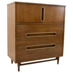 Kroehler Mid Century Walnut & Brass 5 Drawer Highboy Dresser