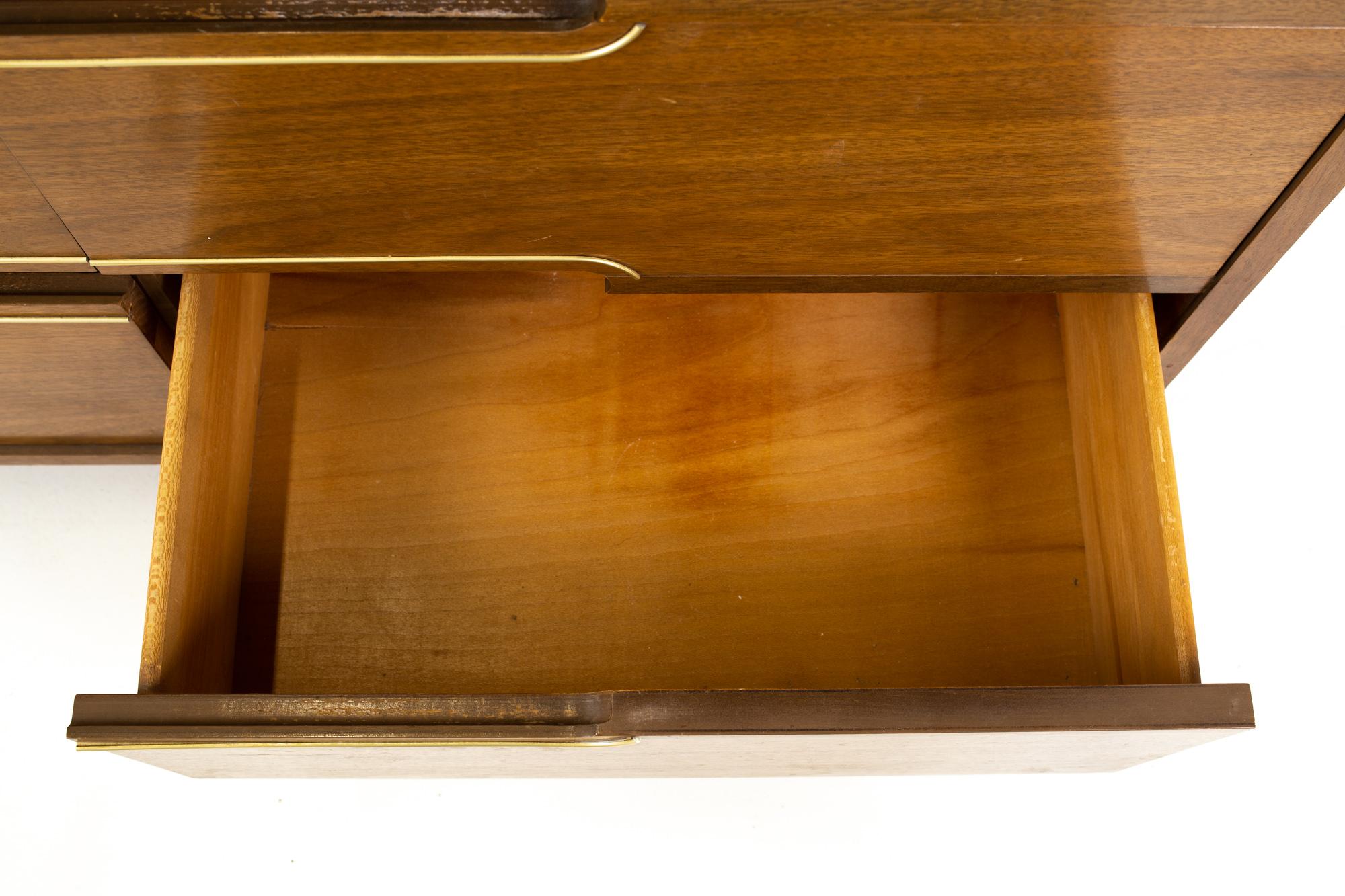 Kroehler Mid Century Walnut and Brass 9-Drawer Lowboy Dresser 1