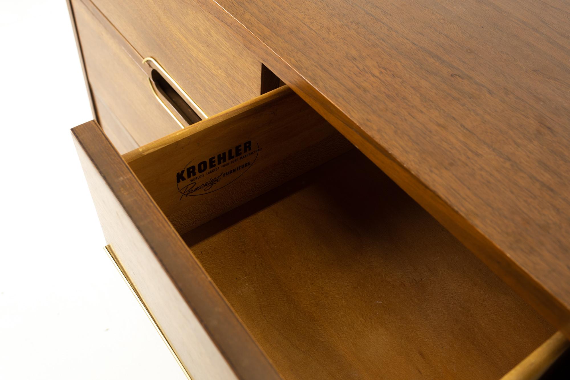 Kroehler Mid Century Walnut and Brass 9-Drawer Lowboy Dresser 2