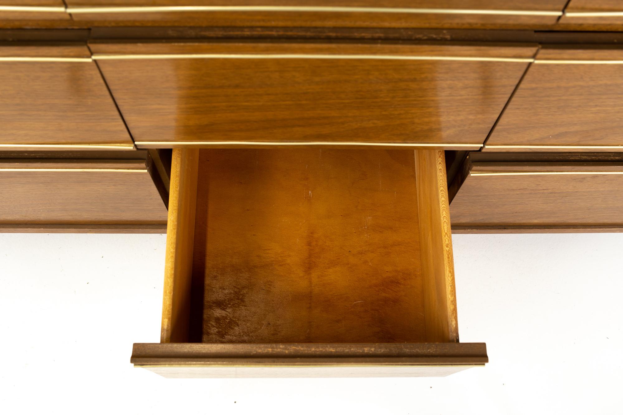 Late 20th Century Kroehler Mid Century Walnut and Brass 9-Drawer Lowboy Dresser