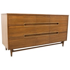 Kroehler Mid Century Walnut and Brass 9-Drawer Lowboy Dresser