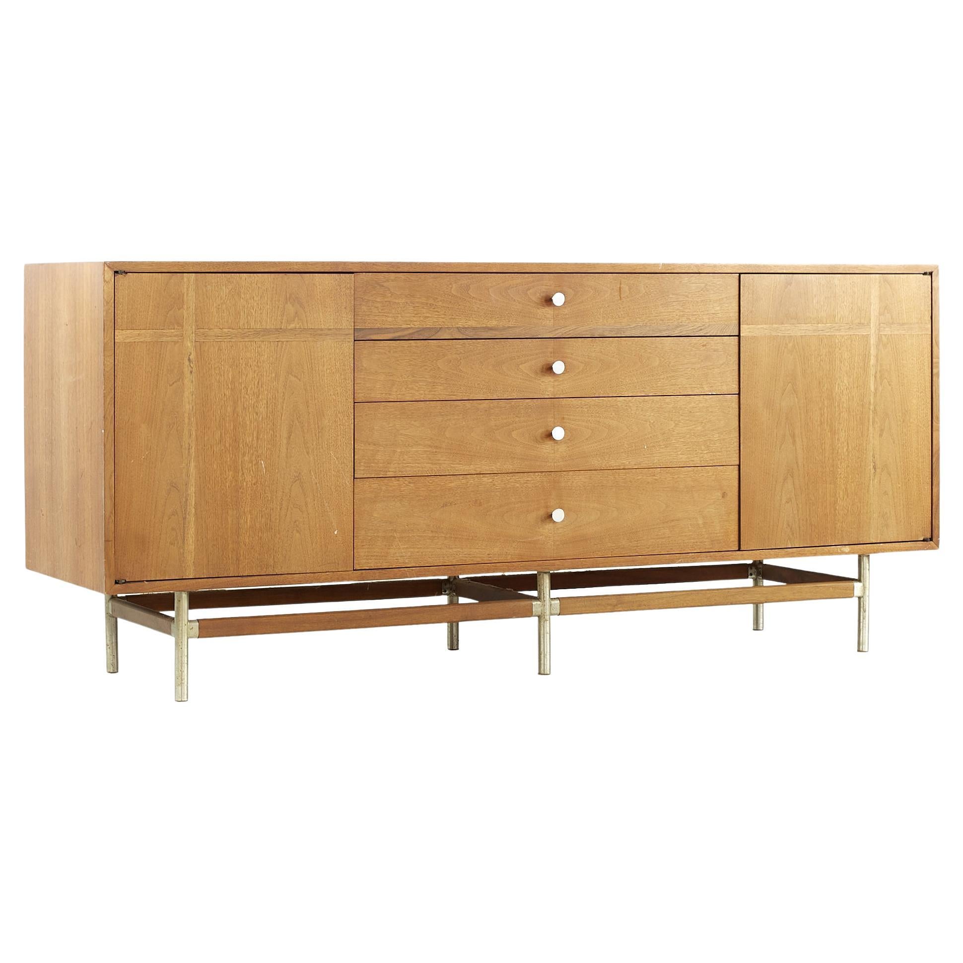 Kroehler Walnut and Brass Midcentury Lowboy Dresser with Mirror For