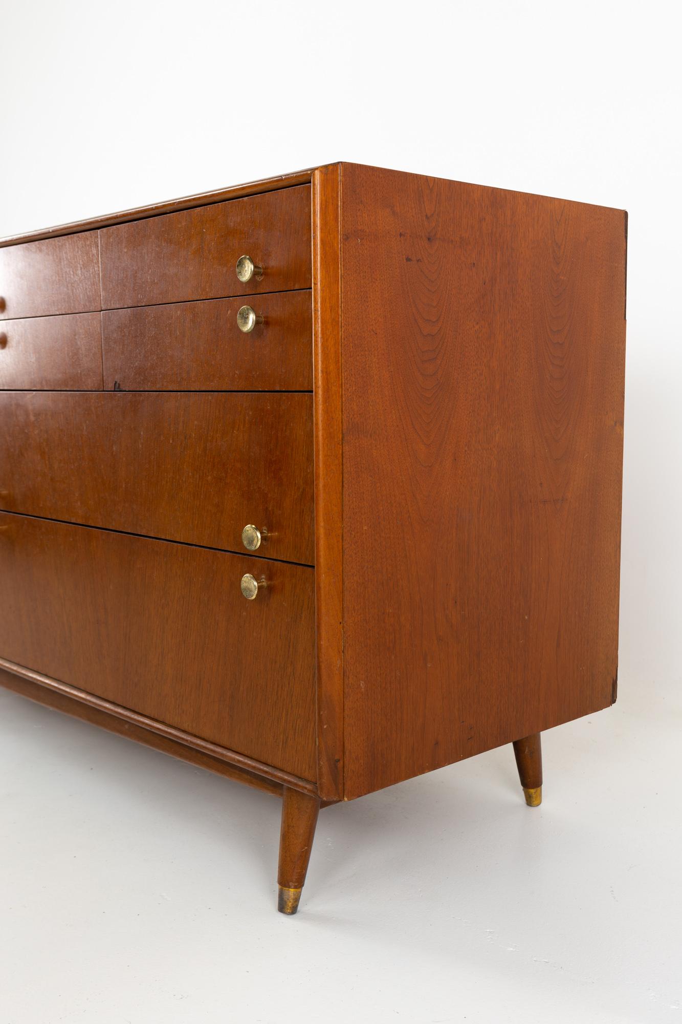 American Kroehler Signature Series Style Mid Century Walnut and Brass 8-Drawer Dresser
