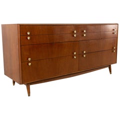 Kroehler Signature Series Style Mid Century Walnut and Brass 8-Drawer Dresser