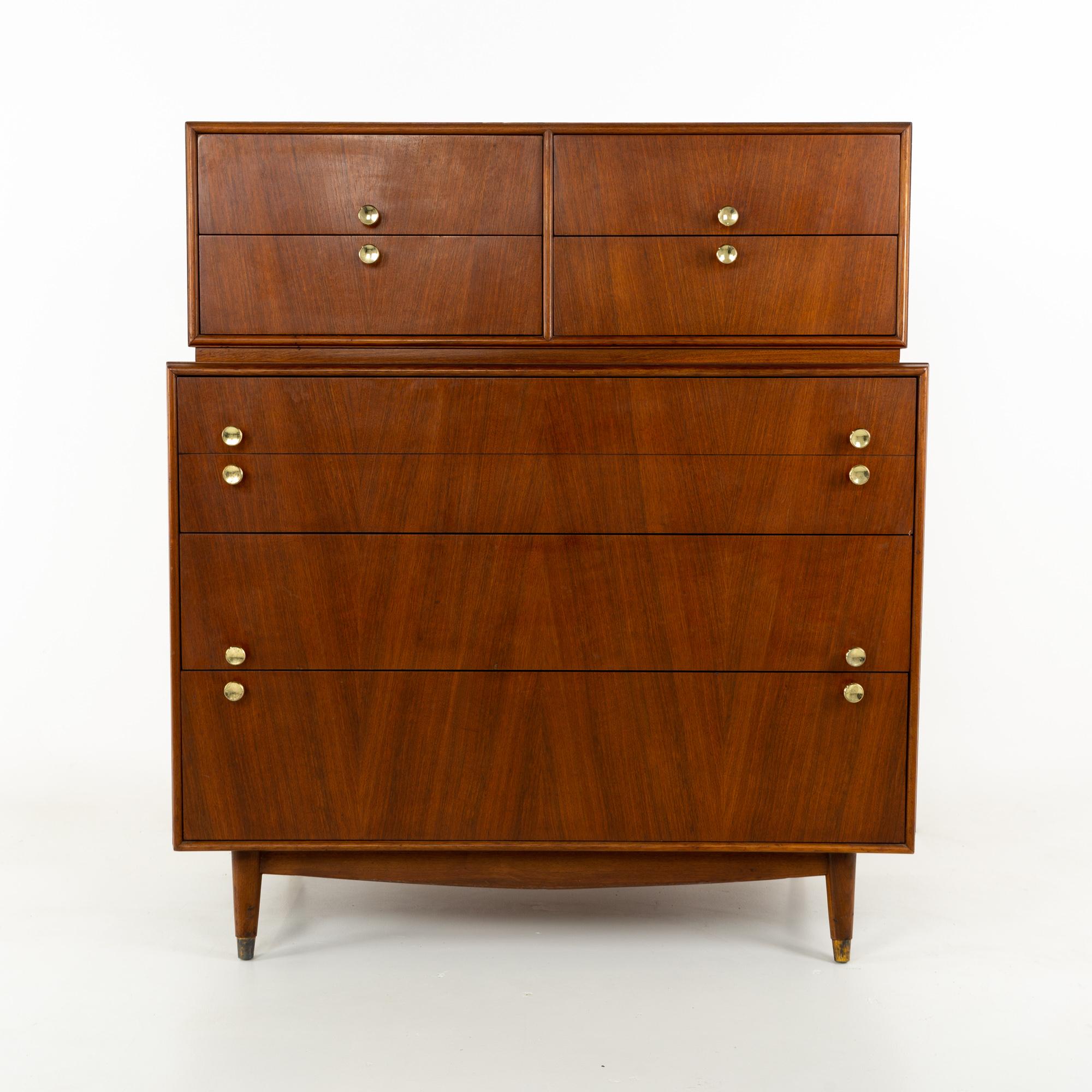 Kroehler Signature Series style Mid Century walnut and brass highboy dresser
This dresser is 40.125 wide x 20.125 deep x 45.25 inches high

This price includes getting this piece in what we call restored vintage condition. That means the piece is