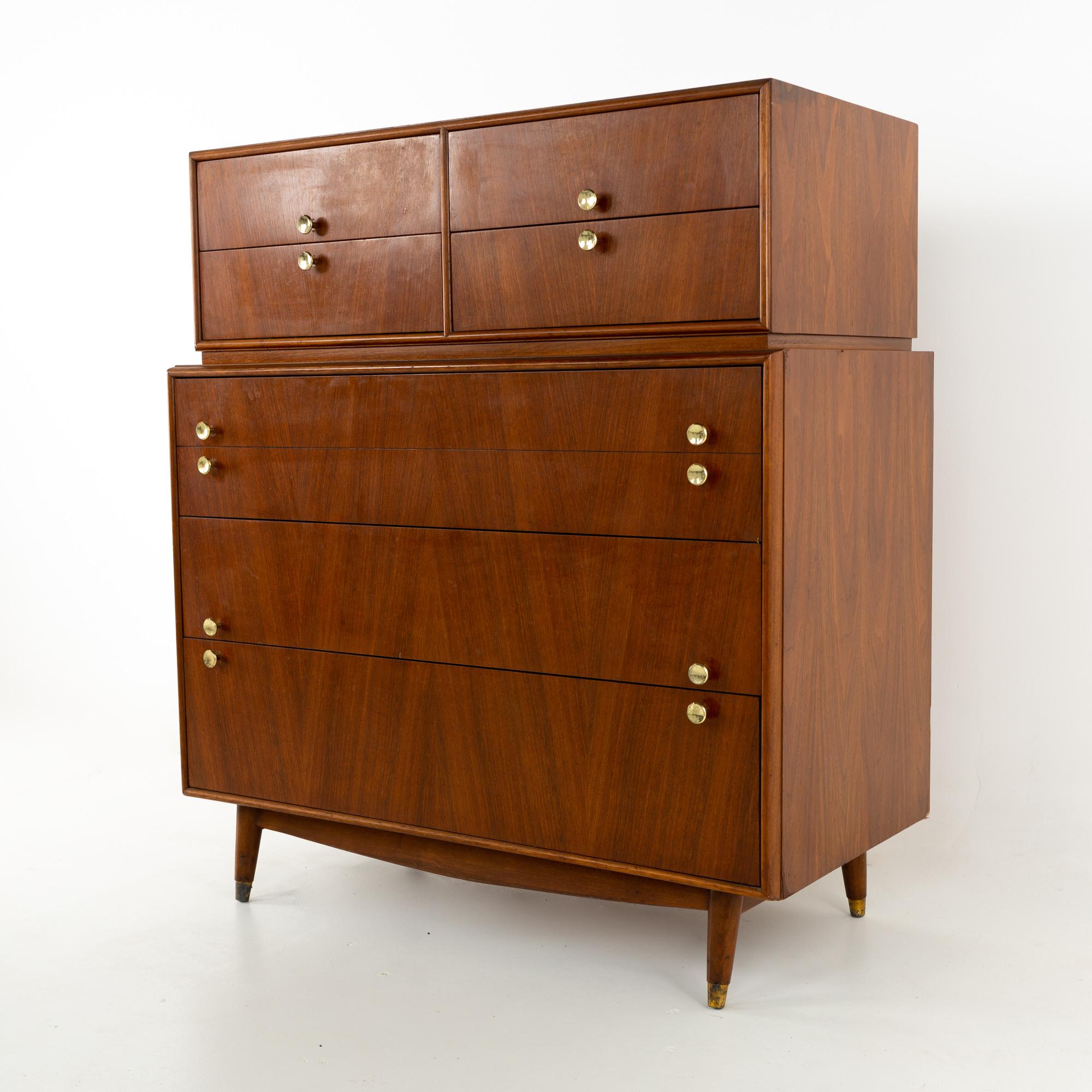 Mid-Century Modern Kroehler Signature Series Style Mid Century Walnut and Brass Highboy Dresser