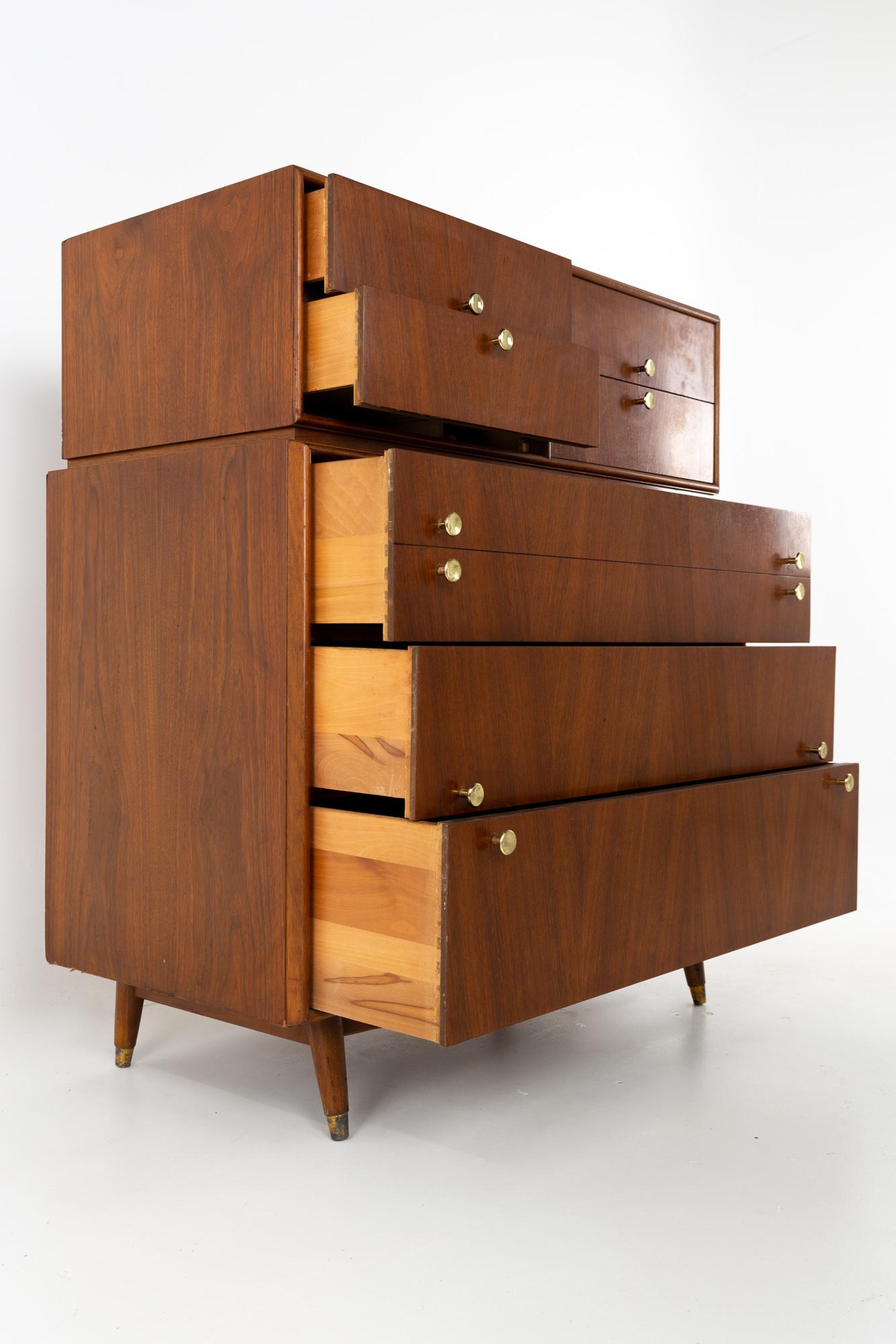 American Kroehler Signature Series Style Mid Century Walnut and Brass Highboy Dresser