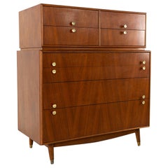 Kroehler Signature Series Style Mid Century Walnut and Brass Highboy Dresser