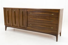 Kroehler Walnut and Brass Mid Century Lowboy Dresser with Mirror