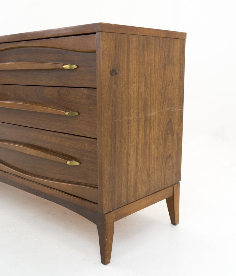 Kroehler Walnut and Brass Mid Century Lowboy Chest Of Drawers With