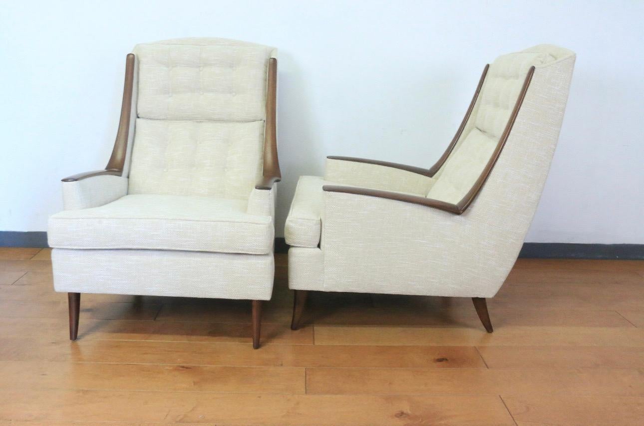 Kroehler Walnut Beige Chairs . The pair of chairs were refinished and reupholstered . They have a tafting design on the chairs.