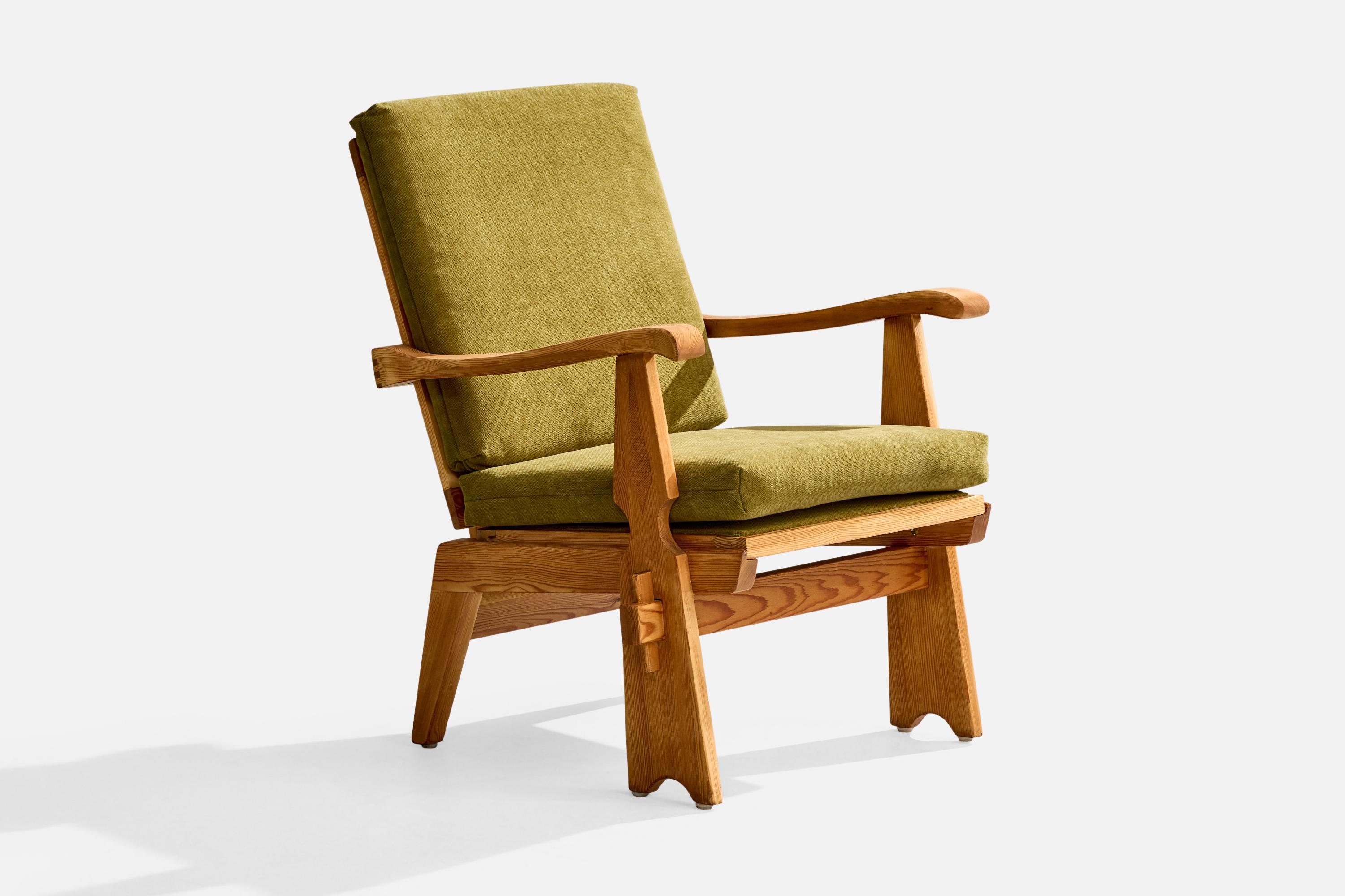 A pine and green velvet lounge chair or armchairs attributed to Krogenæs Møbler, Norway, c. 1960s.

Overall Dimensions (inches): 33.25