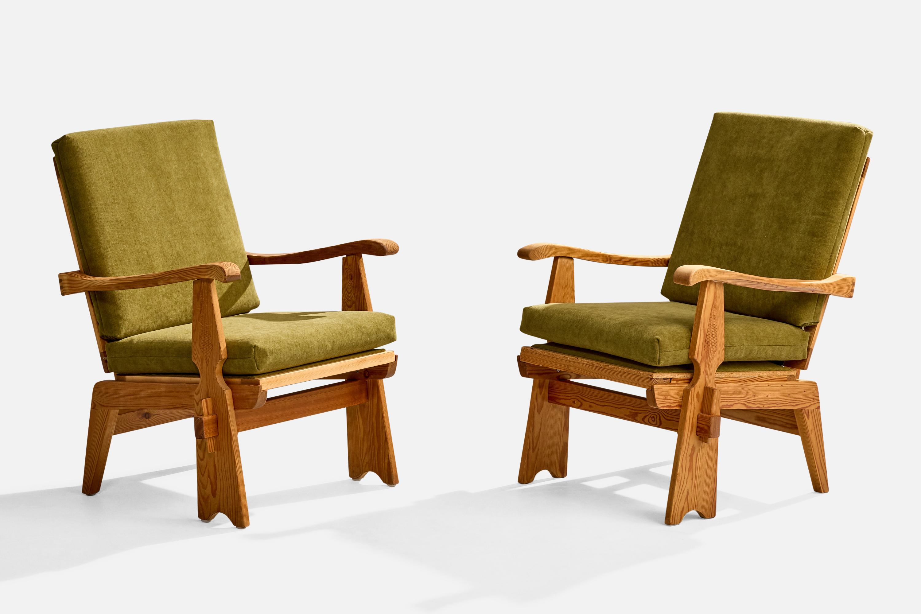 A pair of pine and green velvet lounge chairs or armchairs attributed to Krogenæs Møbler, Norway, c. 1960s.

Overall Dimensions (inches): 35.0