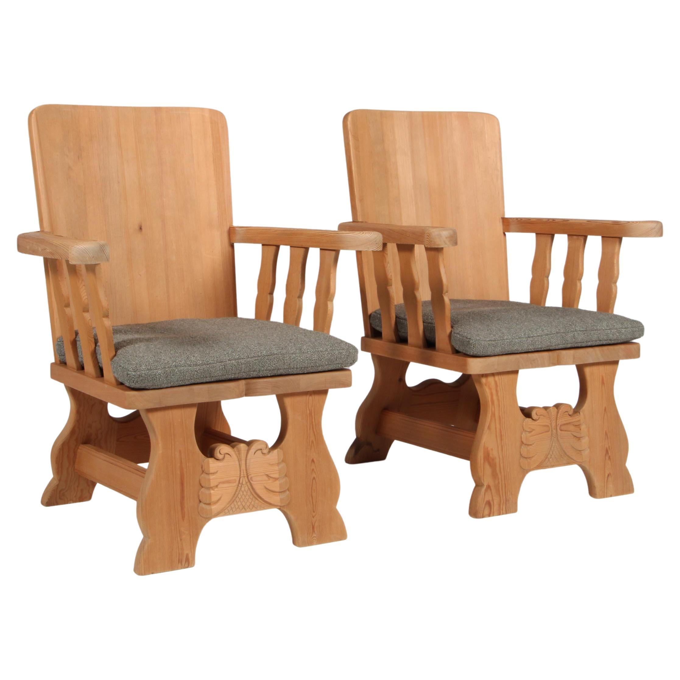 Krogenæs pair of lounge chairs / arm chairs in solid pine and boucle