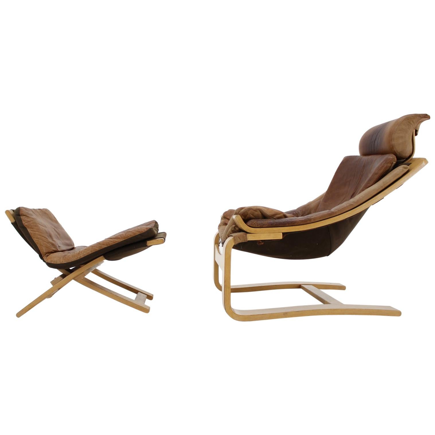 Kroken Leather Lounge Chair and Stool by Ake Fribytter for Nelo, Sweden, 1970s For Sale